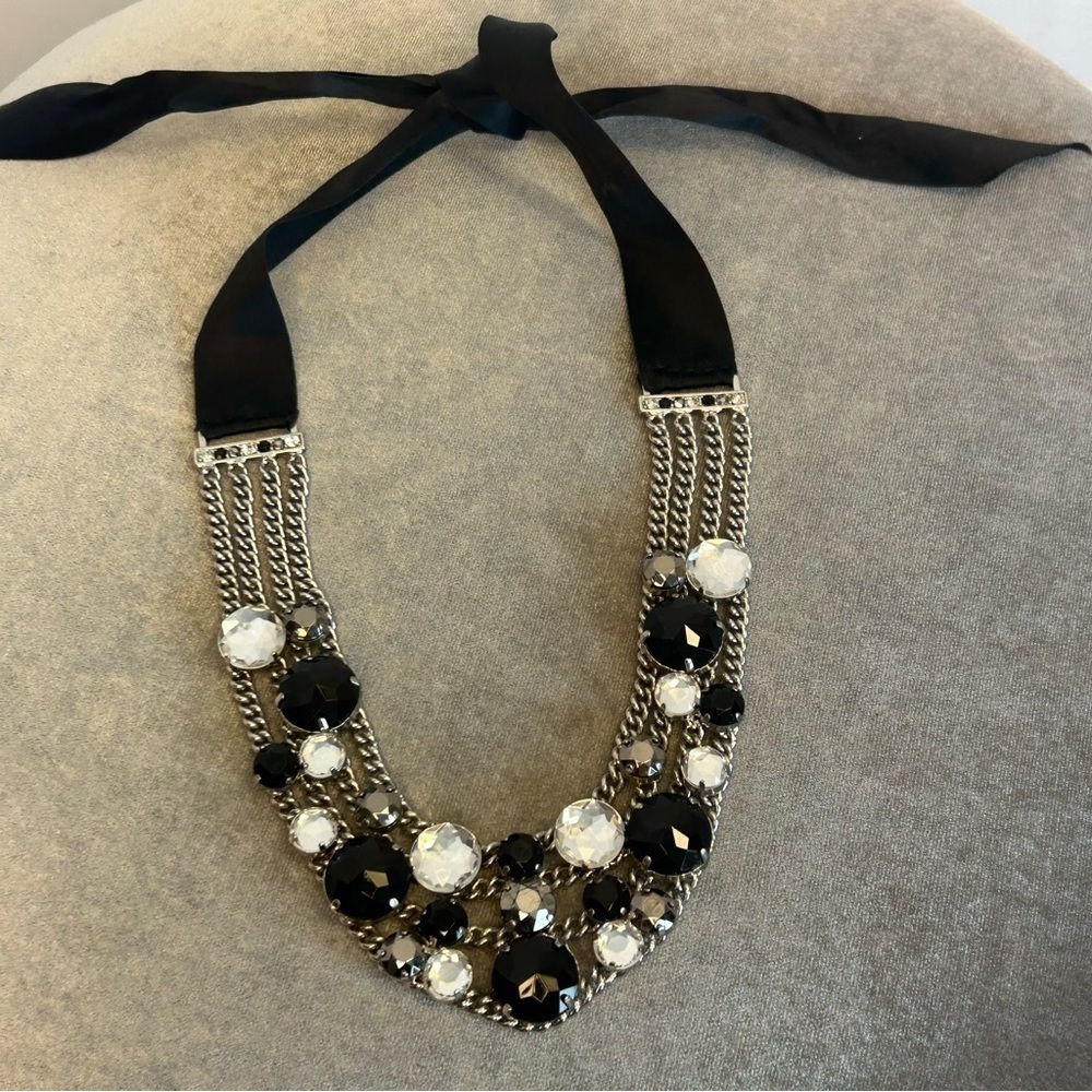 BLACK clear crystal rhinestone clustered multi layered chain ribbon necklace